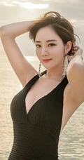 海天一色，景美人也美，气质时尚长发女生黑色泳装海边写真