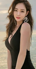 海天一色，景美人也美，气质时尚长发女生黑色泳装海边写真