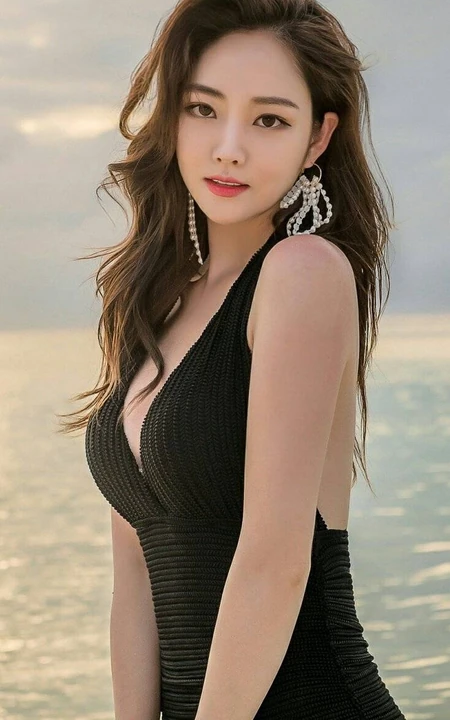 海天一色，景美人也美，气质时尚长发女生黑色泳装海边写真