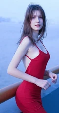 气质柔美红色露背装连衣裙欧美女生海边护栏美拍写真
