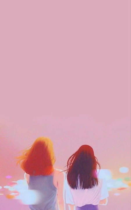 手绘两个时尚动漫长发女孩的背影插画手机壁纸