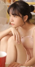 可爱粉裙线条感少女室内写真，安静怡然享受美食