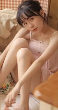可爱粉裙线条感少女室内写真，安静怡然享受美食