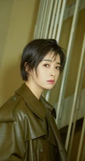 蒋欣皮衣黑裤楼梯间写真美图，短发造型更显时尚气质