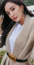 杨幂时尚贵气带绒毛衣杂志写真，化身贵妇人手拎包包