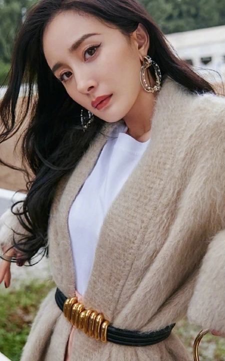 杨幂时尚贵气带绒毛衣杂志写真，化身贵妇人手拎包包