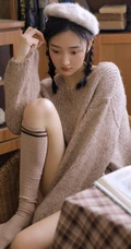 双麻花辫清新文艺系少女，着毛衣短裤室内阅读写真照