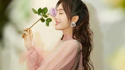 秦岚手拿玫瑰唯美写真壁纸，着亮片连衣裙笑容迷人