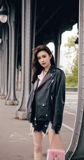 孟子义时尚皮衣短裤装扮现身街头，手拎包包活力十足