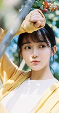 齐刘海长发可爱少女黄衣白T牛仔短裤唯美户外写真图片