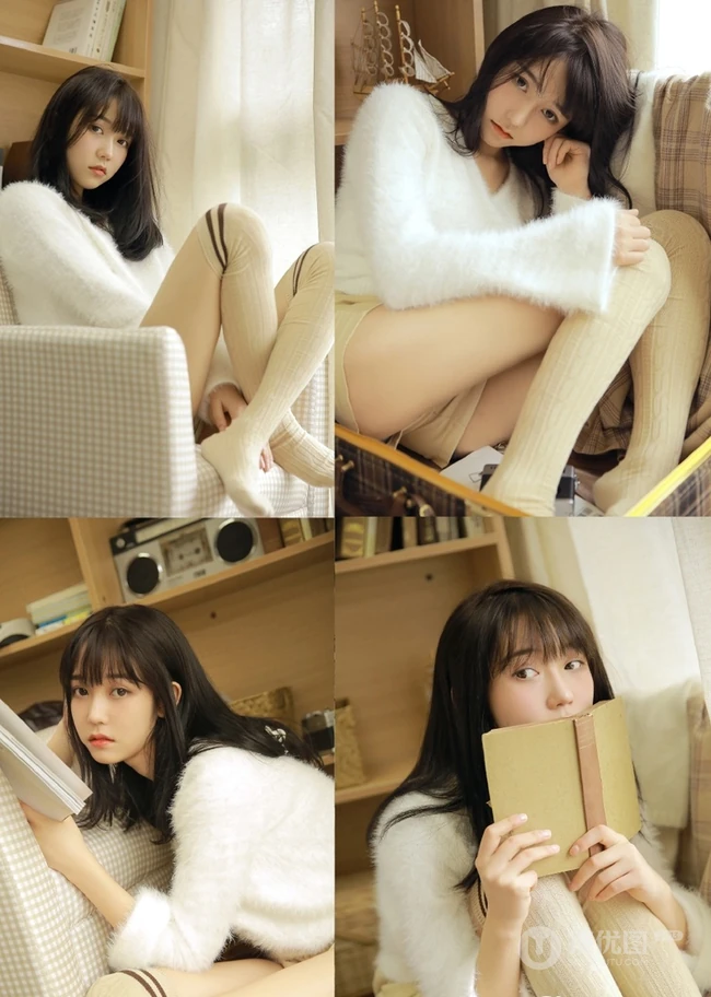 文艺系长发少女，毛衣，短裤，大长袜室内写真图片