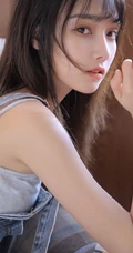 气质白皙气质女生肩带牛仔裤高清近距离写真图片