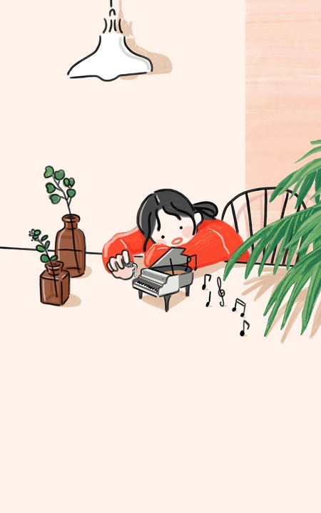 趴在桌子上，红衣女孩，玩小钢琴玩具可爱壁纸大图