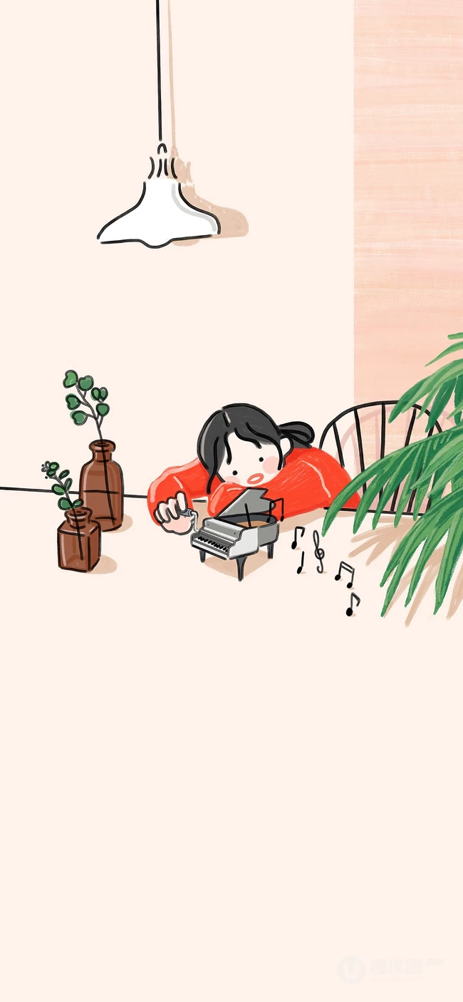 趴在桌子上，红衣女孩，玩小钢琴玩具可爱壁纸大图