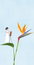 坐在各种超大植物花卉上的女人手绘图片