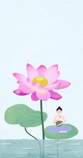 坐在各种超大植物花卉上的女人手绘图片