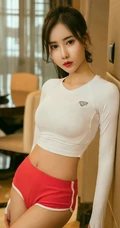 气质运动装女生Silin紧身白T短裤室内写真线条感写真图片
