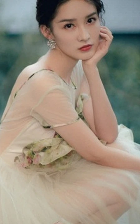 李沁超美写真，着轻纱仙女裙，倚山而坐，清丽脱俗