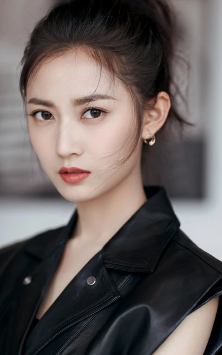 美女明星&ldquo;陈钰琪&rdquo;丸子头配黑色皮衣夹克个性手机壁纸 好酷！