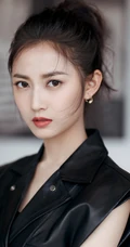 美女明星&ldquo;陈钰琪&rdquo;丸子头配黑色皮衣夹克个性手机壁纸 好酷！