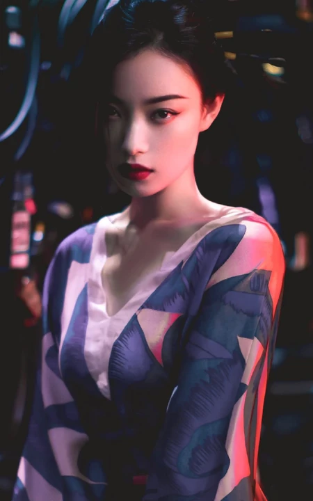 倪妮日系风格写真手机壁纸，浓妆妖艳丸子头造型高贵冷艳