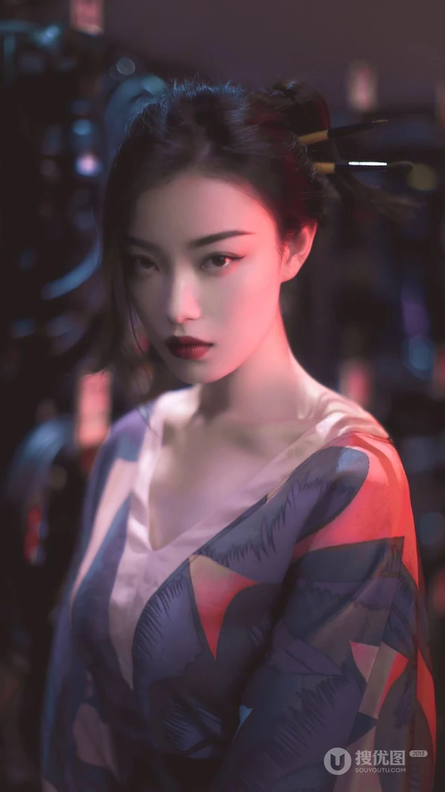 倪妮日系风格写真手机壁纸，浓妆妖艳丸子头造型高贵冷艳