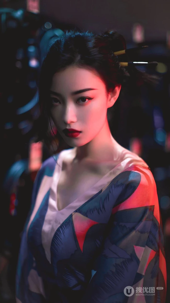 倪妮日系风格写真手机壁纸，浓妆妖艳丸子头造型高贵冷艳