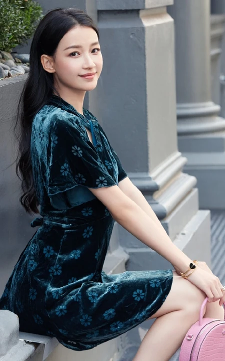 孙怡最美复古丝绒旗袍短裙优雅街拍写真图片