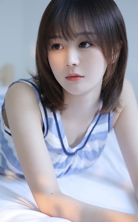 清新秀气齐肩短发少女蓝白条纹睡裙装室内唯美写真