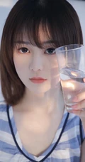 清新秀气齐肩短发少女蓝白条纹睡裙装室内唯美写真