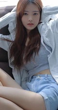 长发线条感白皙少女肩带背心搭牛仔短裤室内写真图片