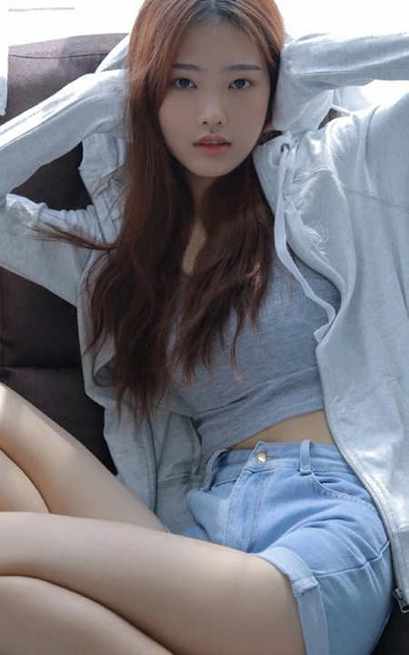 长发线条感白皙少女肩带背心搭牛仔短裤室内写真图片