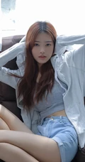 长发线条感白皙少女肩带背心搭牛仔短裤室内写真图片