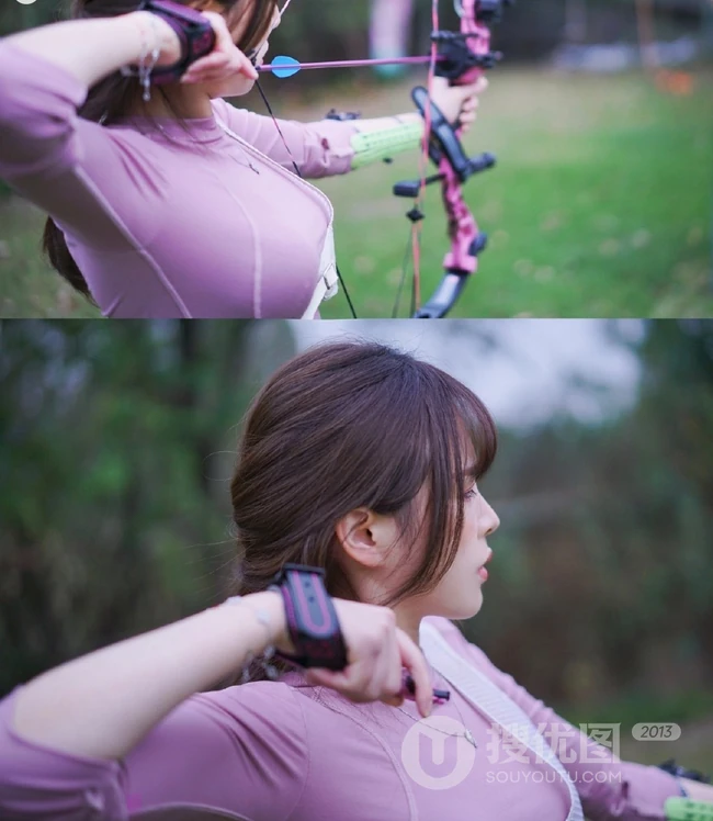 气质纤细线条苗条女生夏木颖 户外靶场玩复合弓写真图片