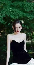 张天爱气质黑白配精致动人写真，上黑下白礼裙长裙林中美拍