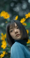 任敏短发造型拍摄唯美森系写真，徜徉菊芋间清新清新