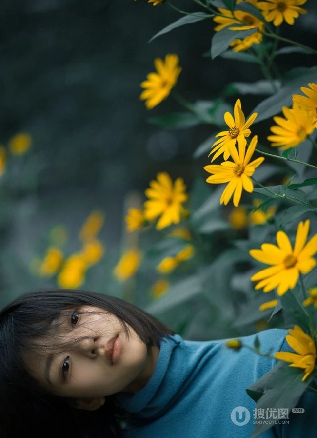 任敏短发造型拍摄唯美森系写真，徜徉菊芋间清新清新