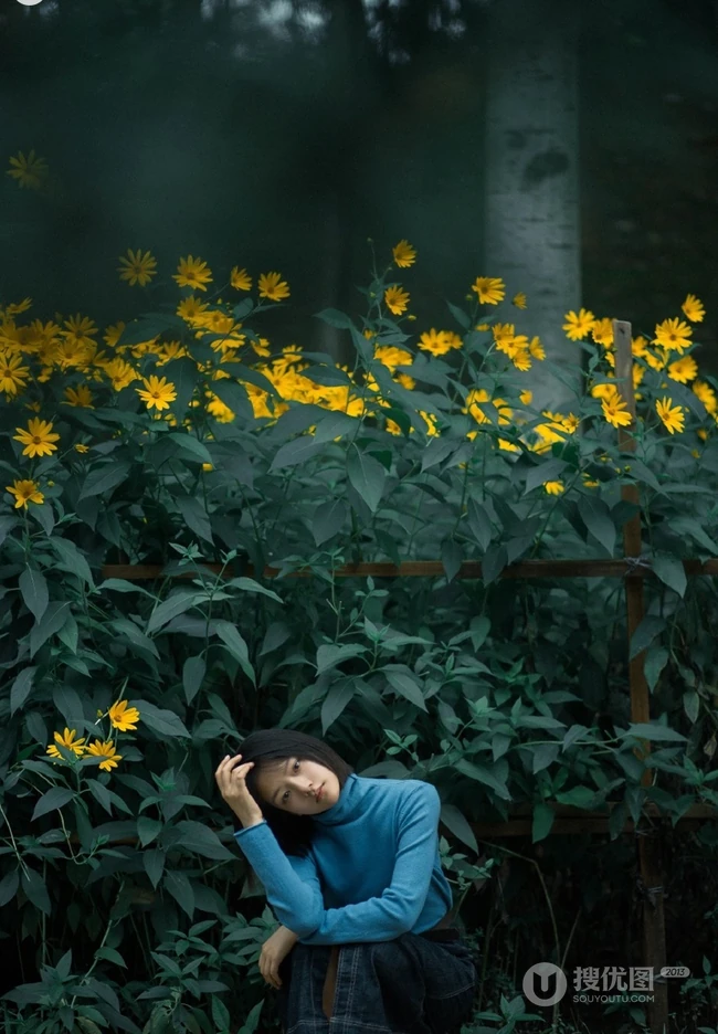 任敏短发造型拍摄唯美森系写真，徜徉菊芋间清新清新