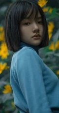 任敏短发造型拍摄唯美森系写真，徜徉菊芋间清新清新