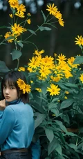 任敏短发造型拍摄唯美森系写真，徜徉菊芋间清新清新