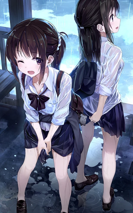淋雨湿身的动漫学生妹子动漫手机壁纸