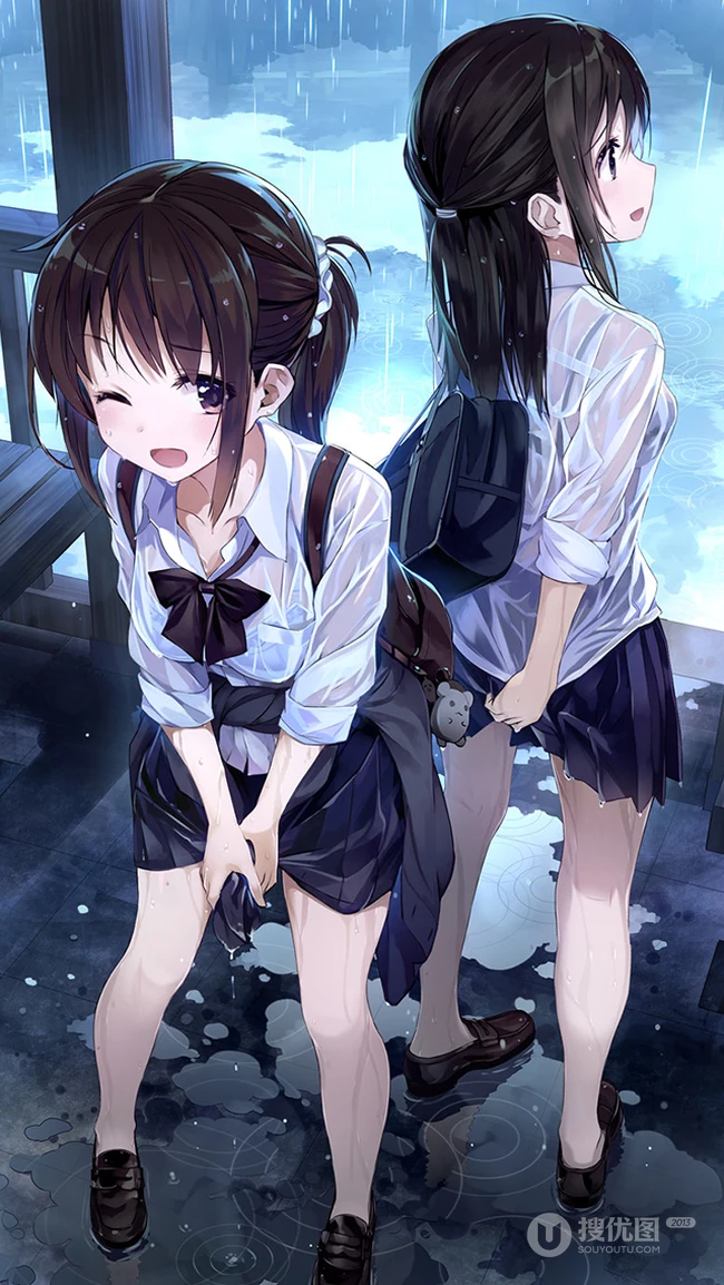 淋雨湿身的动漫学生妹子动漫手机壁纸