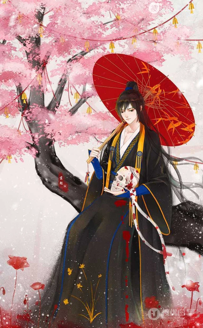 手执油纸伞的魔道祖师人物，一人一伞一花唯美古风 第1张