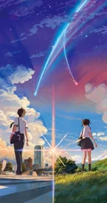 热门动漫《你的名字》剧中天上划过的七彩流星唯美画面图片