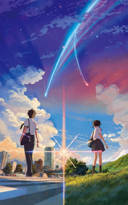 热门动漫《你的名字》剧中天上划过的七彩流星唯美画面图片