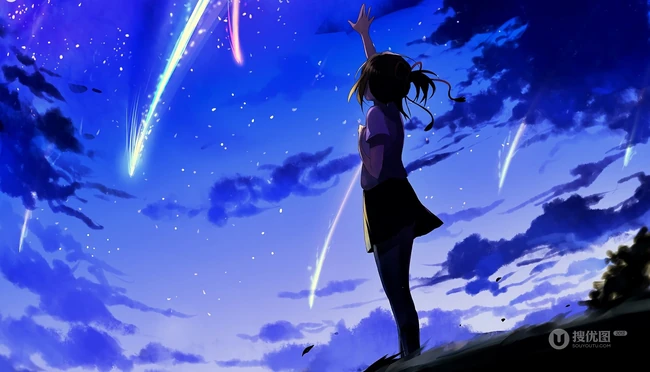 热门动漫《你的名字》剧中天上划过的七彩流星唯美画面图片