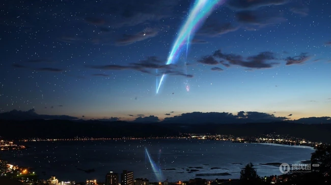热门动漫《你的名字》剧中天上划过的七彩流星唯美画面图片