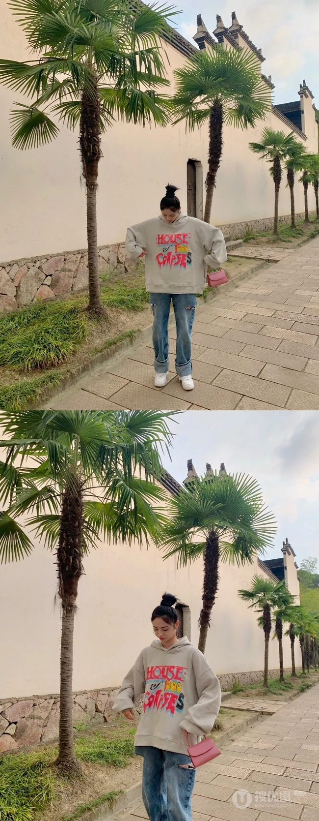 周洁琼休闲装扮街拍写真，宽大卫衣搭破洞牛仔裤时尚靓丽