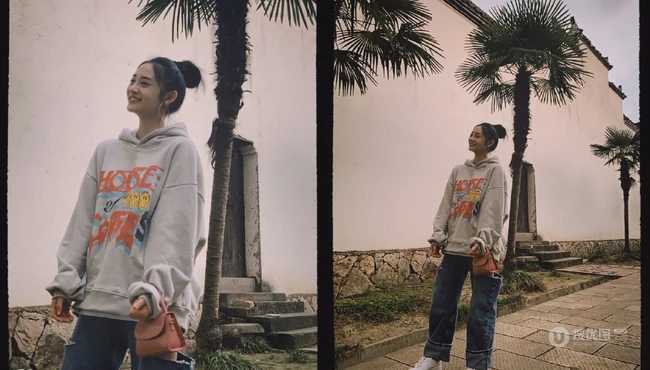 周洁琼休闲装扮街拍写真，宽大卫衣搭破洞牛仔裤时尚靓丽
