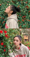 周洁琼休闲装扮街拍写真，宽大卫衣搭破洞牛仔裤时尚靓丽